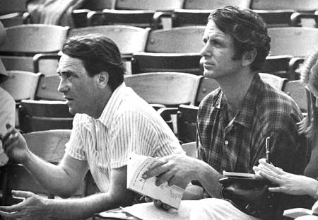 Broadway producer Joseph Papp with David Amram, during rehearsals for “King John” at the Public Theatre, 1967 - Click Here To Learn More About Joe Papp. - Photo by Henry Grossman.