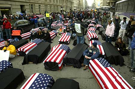 Symbolic “coffins” used to protest George W. Bush's war in Iraq line a street in Washington D.C. Bush was inaugurated for his second term and paraded down Pennsylvania Avenue later. 