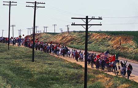 United Farm Workers marchers take nearly the same 350-mile route to Sacramento that had been taken by Cesar Chavez during the 1960s.