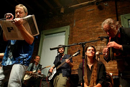 Insomniacathon 2003! Keeping The Flame Alive! (l-r) Dean McClain, James Walck, Justin, Sarah Elizabeth Whiteheand and David Amram rifle through, "A Shotgun Full Of Jesus!" Click Here To View The Jeremy Hogan And James Walck PhotoBook!