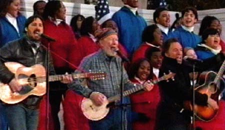 Pete Seeger. Along with his Grandson Tao Rodriguez-Seeger, Bruce Springsteen and the Brooklyn Baptist Choir at the We Are One concert. - Click Here To View "this Land Is Your Land."